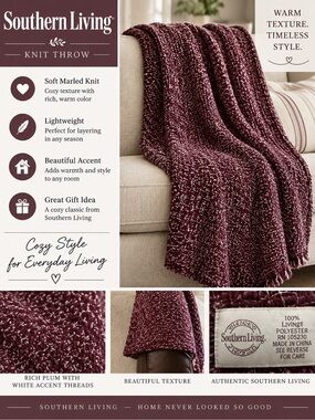 Southern Living Marled Plum & White Knit Throw Blanket 50” x 70”